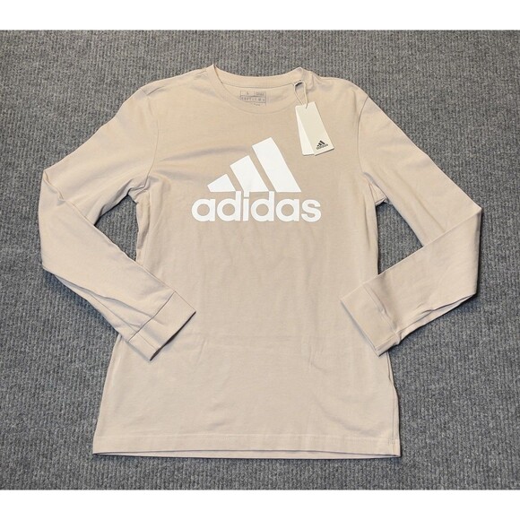 Adidas Men Small Essential Long Sleeve Cotton T-Shirt Wonder Beige Crew NEW - Picture 1 of 7